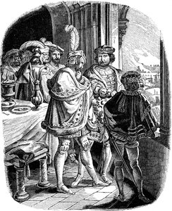 Frederick I Meal in Heidelberg Castle 1462 Ilustrace z dějin německého lidu od E. Dullera, 1840
