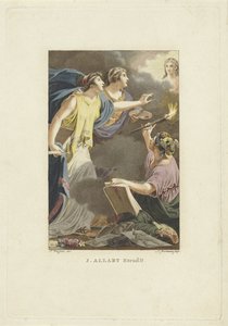 Alegorické znázornění s kresbou, psaním a malbou Titulní strana pro: M. Stuart, Muž, jak se objevuje na známé zeměkouli, 1802