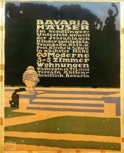 Bavorsko Domy v Sendlinger Unterfeld, nedaleko parků Isar / dětské hřiště, tramvaj, Kath od Ludwig Hohlwein