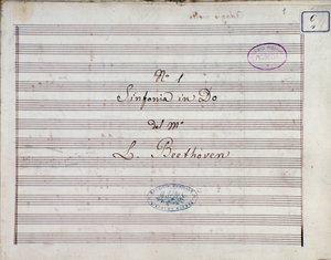 První strana notového záznamu k Symfonii č. 1 en C dur opus 21, Ludwig van Beethoven od Ludwig van Beethoven