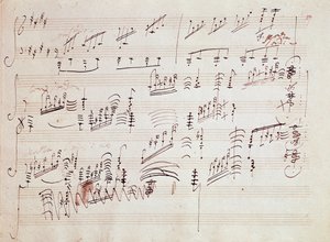 Noty pro „“ Sonata pour piano n* 14 en do diese moll“ „“ Sonata au clair de lune“ německého skladatele Ludwiga van Beethovena (1770-1827) zkomponované v roce 1801. House, Natale de Beethoven, Bonn. Německo