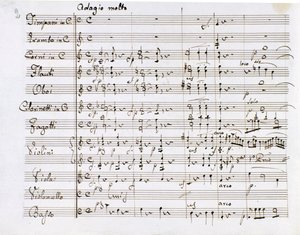 Notová stránka Symfonie č. 1 C dur od německého skladatele Ludwiga van Beethovena (1770-1827) (1799-1800) Milan Biblioteca del Conservatorio