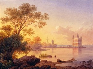 Pohled na růžový pavilon (Ozerki) v Peterhofu (Saint Petersburg). Dílo Luigiho Premazziho (1814-1891), akvarel na papíře. Italské umění 19. století, akademismus. Státní muzeum pod širým nebem Peterhof, Petrohrad. od Luigi Premazzi