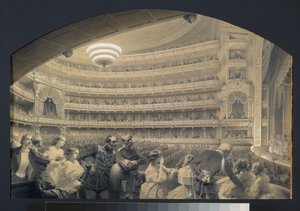 Hlediště císařského divadla Bolchoi Kammeny v Petrohradě. Umělecké dílo Luigiho Premazziho (1814-1891), akvarel a bílá na papíře, cca 1850. Italské umění
