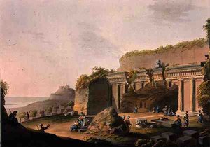 Grotto Cut in the Rock, Near Lind on Rhodos, z „Views in the Ottoman Empire“, vydané Robertem Bowyerem (1758-1834) 1803 (barevná akvatinta)