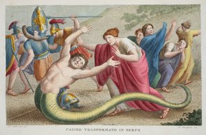 Cadmus do hada nebo Cadmo Transformato in Serpe, kniha IV, ilustrace z Ovidiových metamorfóz, Florencie, 1832 (ručně kolorovaná rytina)