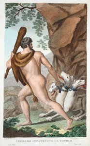 Hercules a Cerberus nebo Cerbero Incatenato da Ercole, kniha VII, ilustrace z Ovidiových metamorfóz, Florencie, 1832 (ručně kolorovaná rytina) od Luigi Ademollo