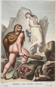 Hercules zachraňuje Hesione nebo Ercole che Libera Enione, Kniha XI, ilustrace z Ovidiových metamorfóz, Florencie, 1832 (ručně kolorovaná rytina) od Luigi Ademollo