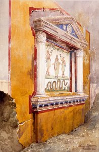 Lararium rodinného oltáře, in situ po vykopávkách, Dům Aula Vettia, Pompeje, asi 36-39 n. l., 1895