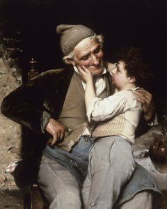 Il Nipotino Preterito (Dokonalý vnuk). Dítě se dotýká tváře svého dědečka, který se usmívá a něžně se na něj dívá. Obraz Luigiho Bechiho (1830-1919). Olej na plátně. Soukromá sbírka. od Luigi Bechi