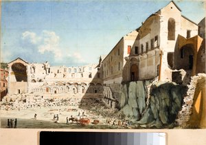 Staveniště demolice kostela a kláštera Saint Dominica v Janově (Akvarel, cca 1825) od Luigi Garibbo