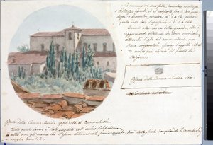 Teleskopický pohled na kostel San Salvatore al monte poblíž Florencie (kresba a akvarel, cca 1833) od Luigi Garibbo
