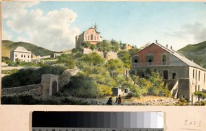 Pohled na kopec a kostel Oregina, Janov (akvarel, cca 1825) od Luigi Garibbo