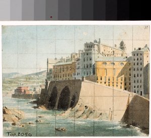 Pohled na hradby na moři v Janově (Akvarel, cca 1822) od Luigi Garibbo