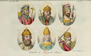 1. Rurik 2. Igor z Kyjeva 3. Olga 4. Svjatoslav 5. Vladimír Veliký 14. Ivan IV. z Il kostýmu antico Giulio Ferrario, 1831