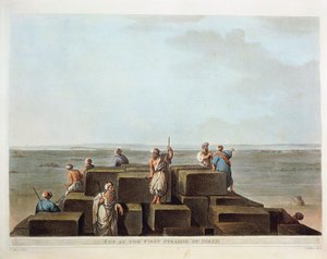 Egypt, vrchol první pyramidy v Gíze, rytina z "Pohledy" od Luigiho Mayera od Luigi Mayer