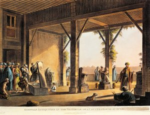 Egyptské starožitnosti na dvoře domu Boulaq z Pohledů v Egyptě od Luigi Mayera, rytina od Luigi Mayer