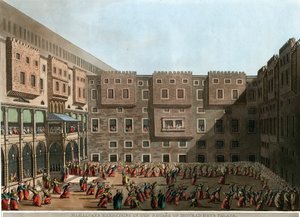 ""Mamlukové cvičí na nádvoří paláce Mourad Bey, Tunis"" (Mamlukové cvičí na náměstí paláce Murad Bey) Litografie Luigi Mayera (1755-1803) - 1802 Rozměr 22,9x31,6 cm Soukromá sbírka od Luigi Mayer