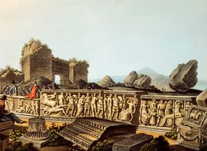 Turecko, Efez, evropští návštěvníci prohlížející si mramorové reliéfy, Luigi Mayer, rytina od Luigi Mayer