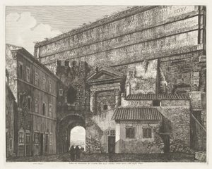 Porta Maggiore te Rome Pohled na památník Condotto delle Acque Claudia a Anione Nuovo a na Acqua Felice (název na objektu)