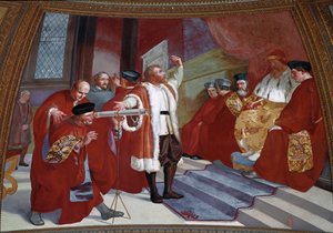 Galilee dit Galileo Galilei (1564-1642) za přítomnosti dóžete. Vědec představuje dalekohled v Benátském senátu ve zvonici náměstí svatého Marka. Obraz Luigi Sabatelli (1772-1850). Freska. Firenze, Tribuna Galileiana