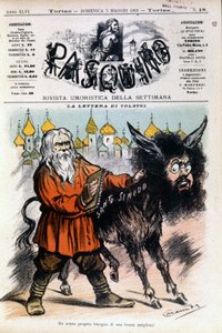 Karikatura o Tolstém od Luigiho Sapelliho Caramby (1865-1936) týkající se dopisu zaslaného Tolstým Svatému stolci. Obálka Pasquina z 5.5.1901.
