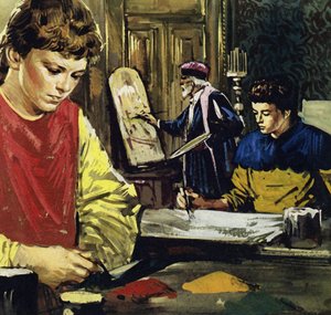 Jan a jeho bratr Herbert Van Eyck se vyučili u místního malíře (barevná litografie). od Luis Arcas Brauner