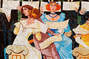 Architektur Jugendstil: Palast der katalanischen Musik, Barcelona. Mosaik, das die Fassade schmückt: Frau singt im katalanischen Chor (Orfeo Catala), Detail links. von Luis Domenech i Montaner (1850-1923) und Lluis Bru I Salelles (1868-1952), 1905-19