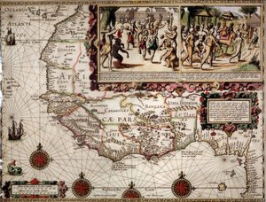 Zeměpisná mapa Guineje vytvořená kartografem Luisem Teixerou (nebo Teixeira), přibližně 1586. Vpravo nahoře znázornění taneční scény mezi domorodými (Afričany). od Luis Teixeira