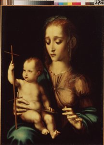 Madonna and Child with a Distaff (Madonna and Child with a Distaff). Obraz Luise de Morales (1509/20-1586), kolem 1570. Španělské umění, manýristický styl. Muzeum Ermitáž, Petrohrad.