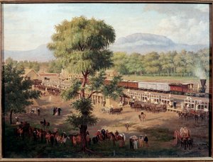 Pohled na železnici v údolí Mexika Malba Luise Cota (1830-1891) Mexico City, Národní muzeum historie, hrad Chapultepec od Luiz Coto