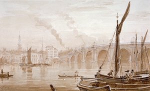 Pohled na Blackfriars Bridge z pobřeží Surrey, s loděmi v popředí, Londýn, c1825 od Luke Clennell