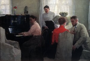 Ucházející (mladý muž dvořící se pod dohledem dvou družin, z nichž jedna hraje na klavír) (Koště) - Obraz Lukiana Vasiljeviče Popova (1873-1914), olej na plátně (54x80 cm) od Lukjan Vasilievich Popov