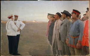 Nábor - obraz Lukiana Vasiljeviče Popova (1873-1914), olej na plátně od Lukjan Vasilievich Popov
