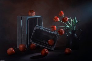 Temné květinovo-ovocné zátiší