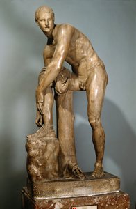 Hermes si zavazuje sandály, římská kopie řeckého originálu připisovaného Lysipposovi od Lysippos (after)