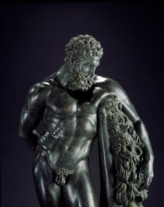 Řecké umění: "" Herakles v klidu"" Detail. Bronzová socha Lysippe Sicyone (395-305 př.nl) 4. století před naším letopočtem. Ze svatyně Ercole Curino, Sulmona. Museo Nazionale Archeologico, Chieti Itálie - Herakles (Hercules) odpočívá - Detail bronzové soch