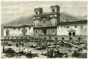 Katedrála Quito (hlavní město dnešního Ekvádoru) a populární zábava na jejím náměstí. Rytina Clerget a Ferdinandus, pro ilustraci příběhu „Equinoxiale America““ od M. (after) Ferdinandus
