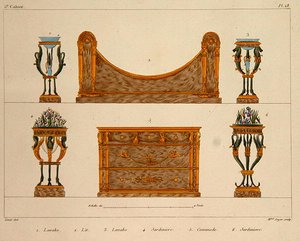 Návrhy nábytku, rytina Mme Soyer, deska 28 z „Modeles de Meubles et de decorations interieures pur les Meubles“, vydané 1828/41 (barva litho) od M. (after) Santi