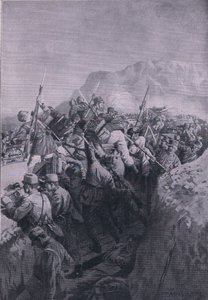 Neúspěšný útok Italů na výšiny Doberdo, z hospody Ilustrovaná historie světové války 1914-1915. od Union Berlagsefellfchaft od M. Barascudts