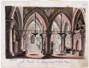 Le tombeau de Charlemagne a Aix-la-Chapelle - Scénografie pro Opera Ernani od Giuseppe Verdiho - M. Conti (1810-1886). Akvarel na papíře Rozměr : 22x29 cm The Morgan Library & Museum, New York od M. Conti