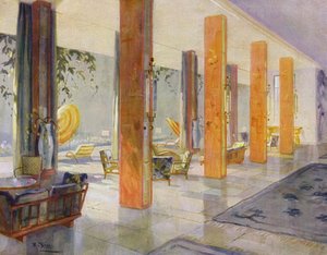 Interiéry 30. let: Zahradní sál hotelu (barevné lito) od M. Stier