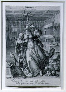 Sophronia, ze série zobrazující „Tři ženy jako symboly cudnosti“, vyryl Raphael Sadeler I (1561-1632) kolem roku 1590 (rytina) od Maarten de (after) Vos