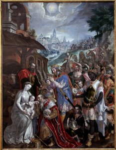Klanění tří králů. Nad Svatou rodinou a mudrci, hvězda pastýře. Obraz Maaertena de Vos (Martin de Vos, Marten de Vos) (1532-1603), vlámské umění 16. století. Muzeum výtvarného umění ve Valenciennes.