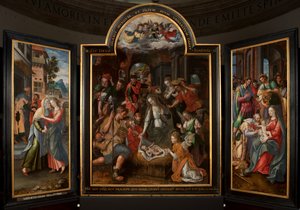 Klanění tří králů, Triptych, Centrální panel, detail, malba na dřevě od Maarten de Vos