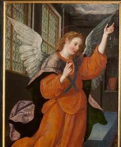 Klanění tří králů, Triptych, Levý panel, zadní díl, detail, malba na dřevě od Maarten de Vos