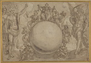 Apollón, Diana a čas s cyklickými proměnami lidského života, asi 1561 (pero a hnědý inkoust s šedým lakem nad stopami grafitu, nařezáno pro přenos na křídový papír) od Maarten de Vos
