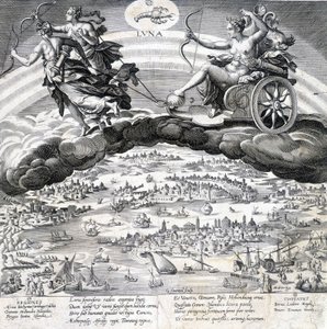 Luna: alegorie Měsíce (Diana) a Štíra, který je pod jejím vlivem (znamení zvěrokruhu) - rytina Maerten de Vos (Marten de Vos, Marten de Vos) (1532-1603), n.d.