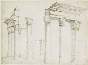 Pozůstatky Minervina chrámu na Nervaově fóru od Maarten van Heemskerck