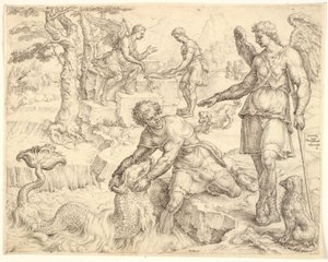 Tobiáš chytá ryby v řece Tigris od Maarten van Heemskerck